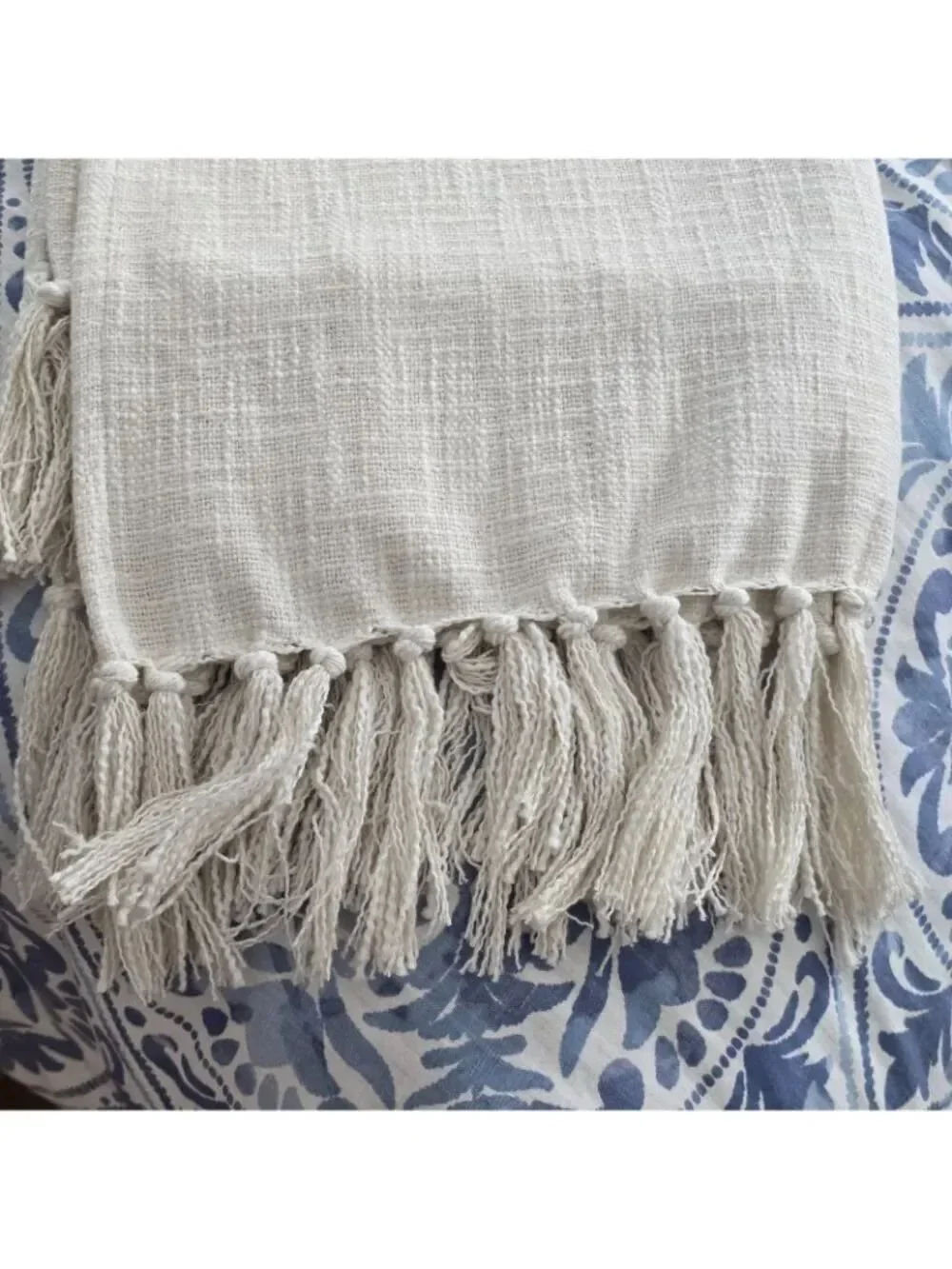 Throw Blanket With Fringes Slub Cotton Oatmeal Cream 50x60 Inch New Tags